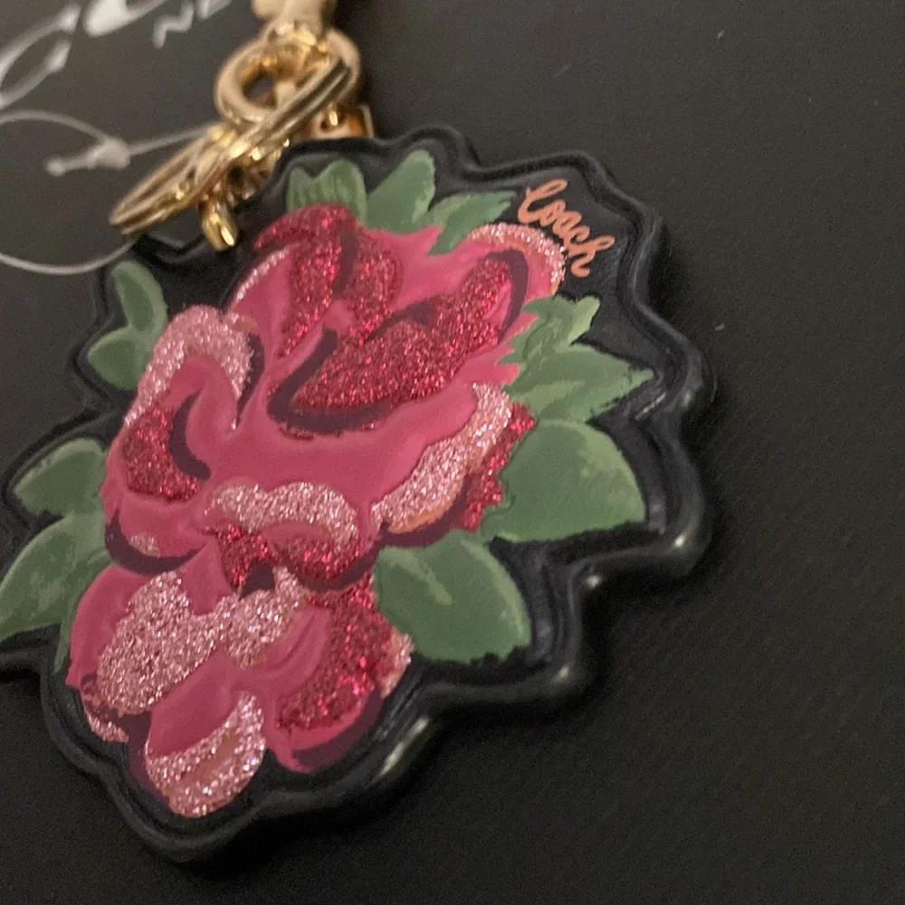 Coach Red Pink Signature Tea Rose Flower Floral Bag Charm Keychain FOB NWOT - Picture 6 of 6